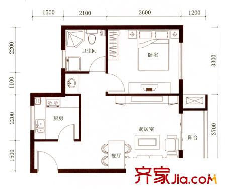怡景文園戶型圖Fb戶型 1室2廳1衛(wèi)1廚