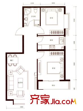 怡景文園戶型圖H2戶型 2室2廳1衛(wèi)1廚