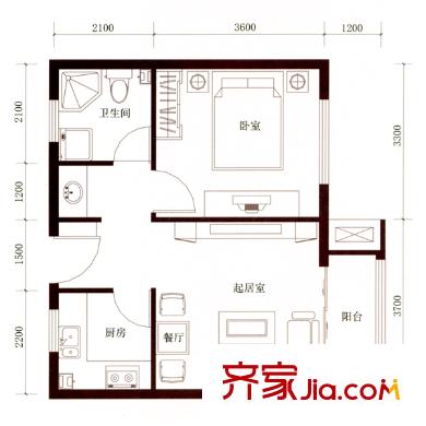 怡景文園戶型圖Fa戶型 1室2廳1衛(wèi)1廚