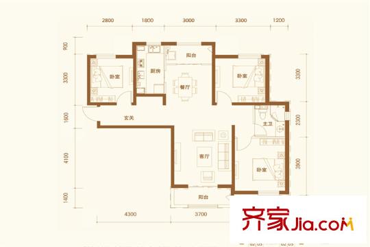 安聯(lián)優(yōu)悅城101#樓標準層1C-2戶型 3室2廳1衛(wèi)1廚