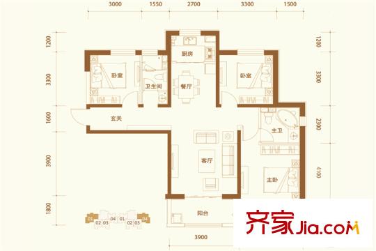 安聯(lián)優(yōu)悅城102#樓標(biāo)準(zhǔn)層1C-3戶型 3室2廳2衛(wèi)1廚