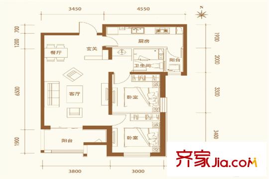 安聯(lián)優(yōu)悅城102#樓標(biāo)準(zhǔn)層1B-3戶型 2室2廳1衛(wèi)1廚