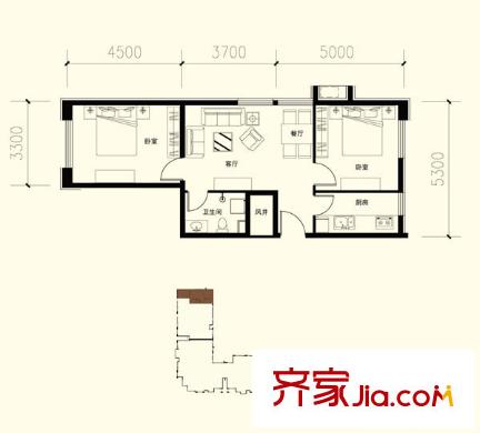 軍創(chuàng)凱旋城戶型圖1號樓A戶型 2室1廳1衛(wèi)1廚