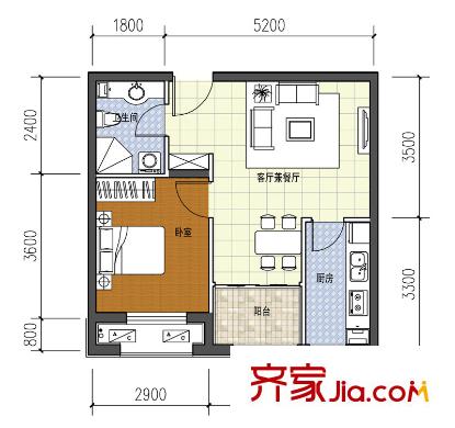 六灣戶型圖二期H戶型 1室1廳1衛(wèi)1廚
