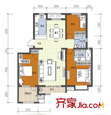 六灣戶型圖二期L戶型 3室2廳2衛(wèi)1廚