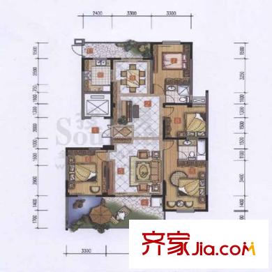 西提灣戶型圖1#02、03 2#02、03單元C戶型 4室3廳2衛(wèi)1廚