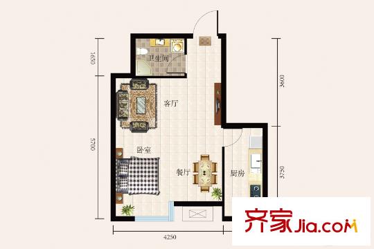 唐城壹號一期A樓、B樓標(biāo)準(zhǔn)層A反戶型 1室2廳1衛(wèi)1廚