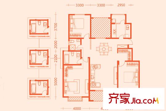 鳳城天鵝湖莊園1、2、3、4#樓標準層A戶型 3室2廳2衛(wèi)1廚
