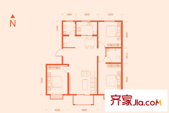 鳳城天鵝湖莊園13#樓標準層C9戶型 3室2廳2衛(wèi)1廚