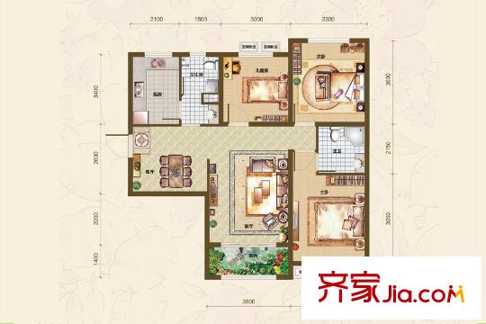 恒泰悅季1#2#樓標(biāo)準(zhǔn)層C戶型 3室2廳2衛(wèi)1廚