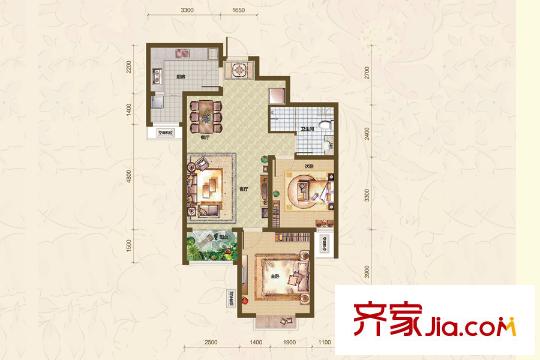 恒泰悅季1#2#樓標(biāo)準(zhǔn)層D1戶型 2室2廳1衛(wèi)1廚