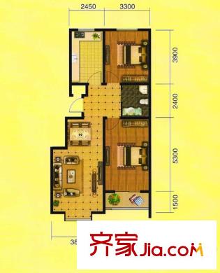水岸明苑3號樓B戶型 2室1廳1衛(wèi)1廚
