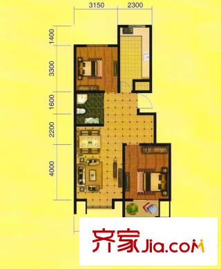 水岸明苑3號樓C戶型 2室1廳1衛(wèi)1廚