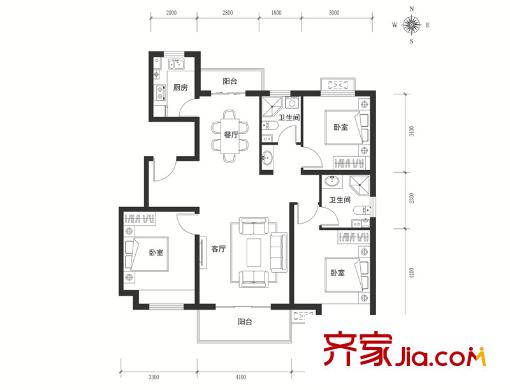 中電藍(lán)色港灣一期2、3、4、5#樓標(biāo)準(zhǔn)層D戶型 3室2廳2衛(wèi)1廚