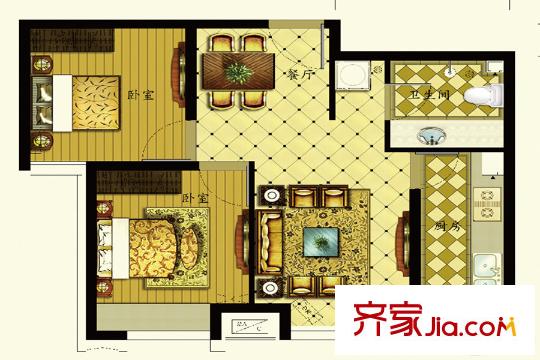 公園藝境南區(qū)6號樓標準層E2戶型 2室2廳1衛(wèi)1廚