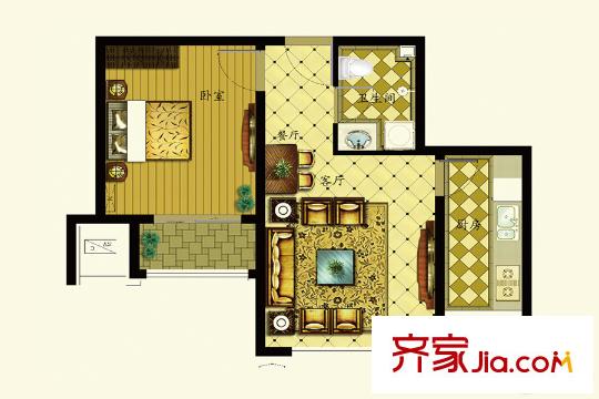 公園藝境北區(qū)2、3、7號樓A2戶型 1室2廳1衛(wèi)1廚