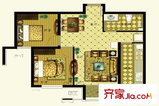 公園藝境南區(qū)3、7號樓標準層B2'戶型 2室2廳1衛(wèi)1廚