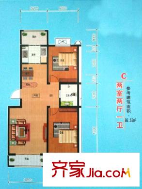 福鑫家園一期2#樓標(biāo)準(zhǔn)層C戶型 2室2廳1衛(wèi)1廚