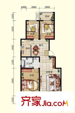 良園新居1、3#樓標準層A5戶型 3室2廳1衛(wèi)1廚