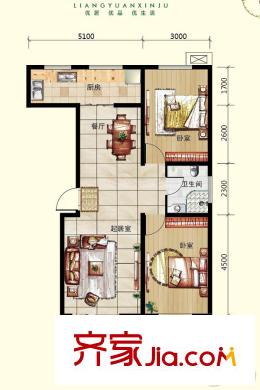 良園新居1、3#樓標準層A3戶型 2室2廳1衛(wèi)1廚