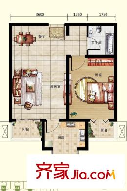 良園新居1、3#樓標準層A4戶型 1室2廳1衛(wèi)1廚