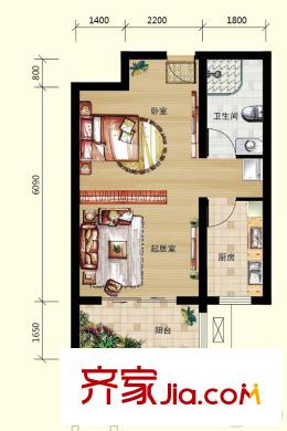 良園新居6#樓標(biāo)準(zhǔn)層E2戶型 1室1廳1衛(wèi)1廚