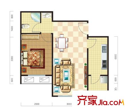 東方晨曲花苑3#樓標(biāo)準(zhǔn)層E戶型 1室2廳1衛(wèi)1廚