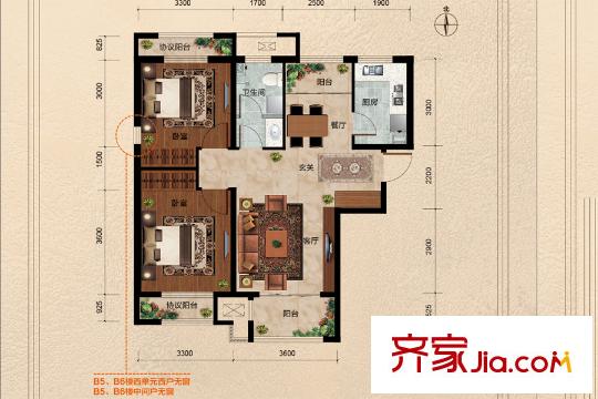 世紀(jì)御庭B5、B6#樓標(biāo)準(zhǔn)層F1戶型 2室2廳1衛(wèi)1廚