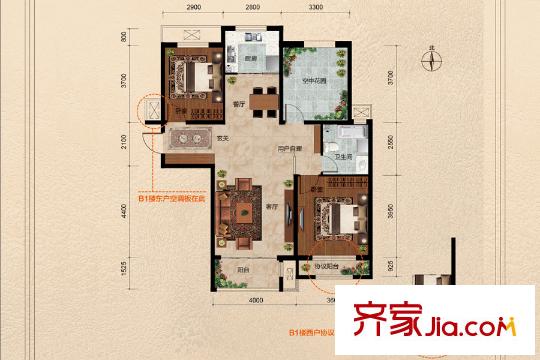 世紀(jì)御庭B1、B2、B5、B6#樓標(biāo)準(zhǔn)層J2戶型 2室2廳1衛(wèi)1廚