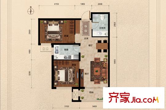 世紀(jì)御庭B1-B6#樓標(biāo)準(zhǔn)層E1戶型 2室2廳1衛(wèi)1廚