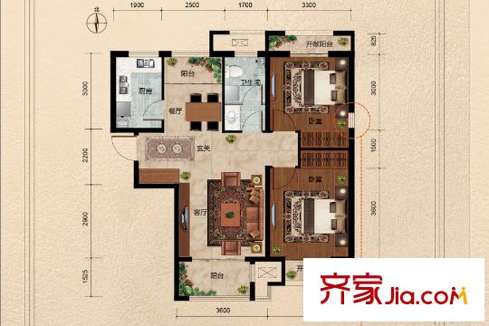 世紀(jì)御庭B2、B3、B4#樓標(biāo)準(zhǔn)層F3戶型 2室2廳1衛(wèi)1廚