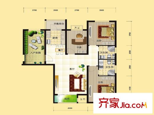 世紀(jì)學(xué)庭220、221、222#標(biāo)準(zhǔn)層D4戶(hù)型  3室2廳1衛(wèi)1廚