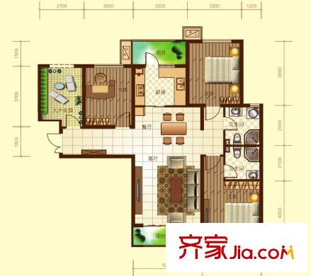 世紀(jì)龍庭二期D115#標(biāo)準(zhǔn)層T1戶型 3室2廳2衛(wèi)1廚