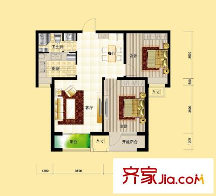 世紀(jì)學(xué)庭107、109、110#J2戶(hù)型 2室2廳1衛(wèi)1廚