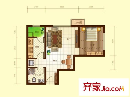 世紀(jì)龍庭二期D105#D106#D107#C戶型    1室2廳1衛(wèi)1廚
