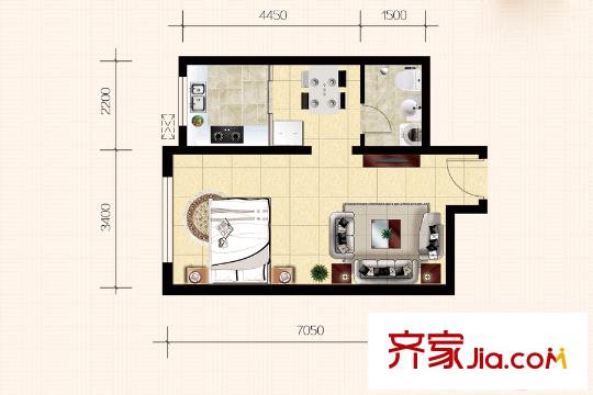 學(xué)院1號(hào)7#樓標(biāo)準(zhǔn)層R'戶型 1室2廳1衛(wèi)1廚