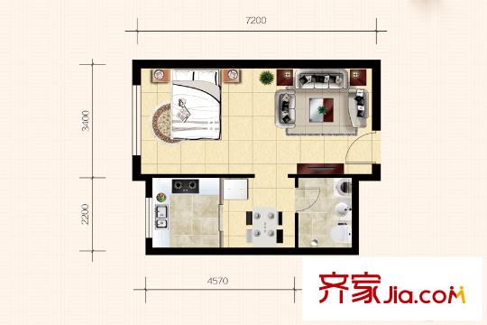 學(xué)院1號(hào)7#樓標(biāo)準(zhǔn)層R戶型 1室2廳1衛(wèi)1廚