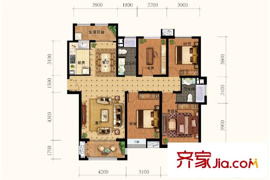 鳳凰湖畔6號(hào)樓標(biāo)準(zhǔn)層C1戶型 4室2廳2衛(wèi)1廚
