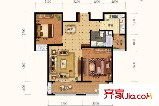 鳳凰湖畔5號(hào)樓標(biāo)準(zhǔn)層C2戶型 2室2廳1衛(wèi)1廚