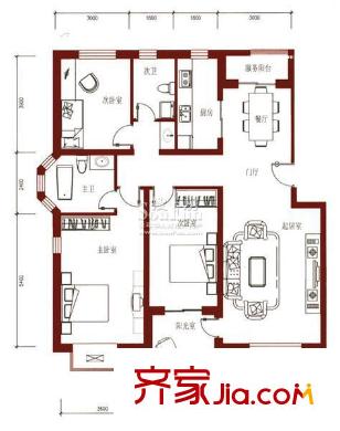 鴻福嘉苑105號樓A1戶型圖 3室2廳2衛(wèi)1廚