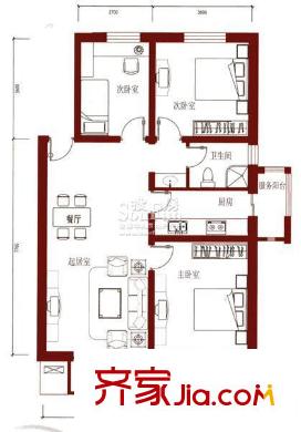 鴻福嘉苑110號樓A3戶型圖 3室2廳1衛(wèi)1廚