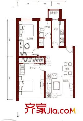 鴻福嘉苑107號樓B4戶型圖 2室2廳1衛(wèi)1廚