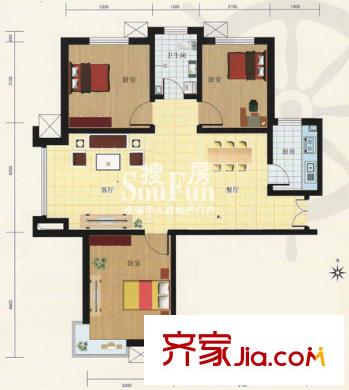 馨港酈景1號樓A戶型 3室2廳1衛(wèi)1廚