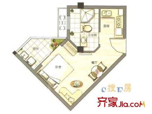 鼓樓里戶型圖B戶型 1室1廳1衛(wèi)1廚