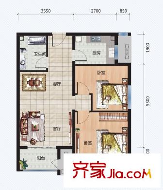 青年城二期1號(hào)樓D戶(hù)型 2室2廳1衛(wèi)1廚