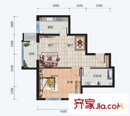 青年城二期5號(hào)樓B戶(hù)型 1室2廳1衛(wèi)1廚