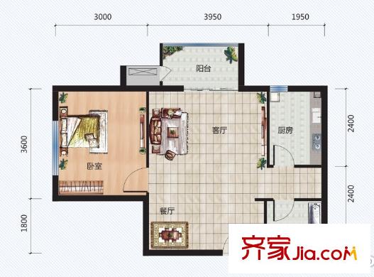 青年城二期2號(hào)樓A戶(hù)型 1室2廳1衛(wèi)1廚