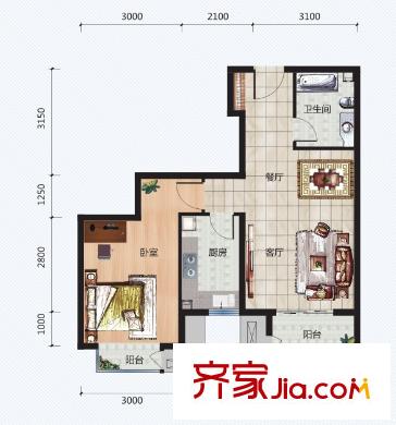 青年城二期1號(hào)樓C戶(hù)型 1室2廳1衛(wèi)1廚