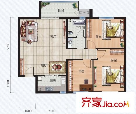 青年城二期6號(hào)樓E戶(hù)型 2室2廳1衛(wèi)1廚