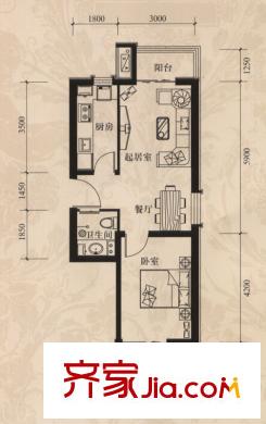 嘉美廣場3#樓A戶型 1室2廳1衛(wèi)1廚